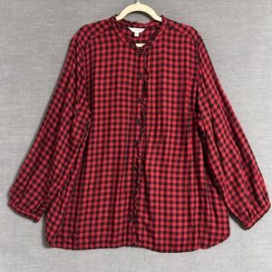 Terra Sky Top 2X Red Buffalo Plaid Check Ruffle Trim Button Front Long Sleeve